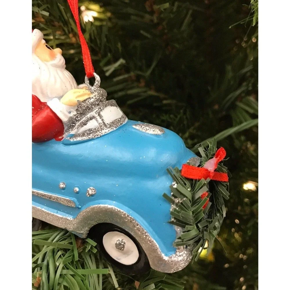 Santa Driving‎ Retro Blue & Silver Sports Car Christmas Ornament